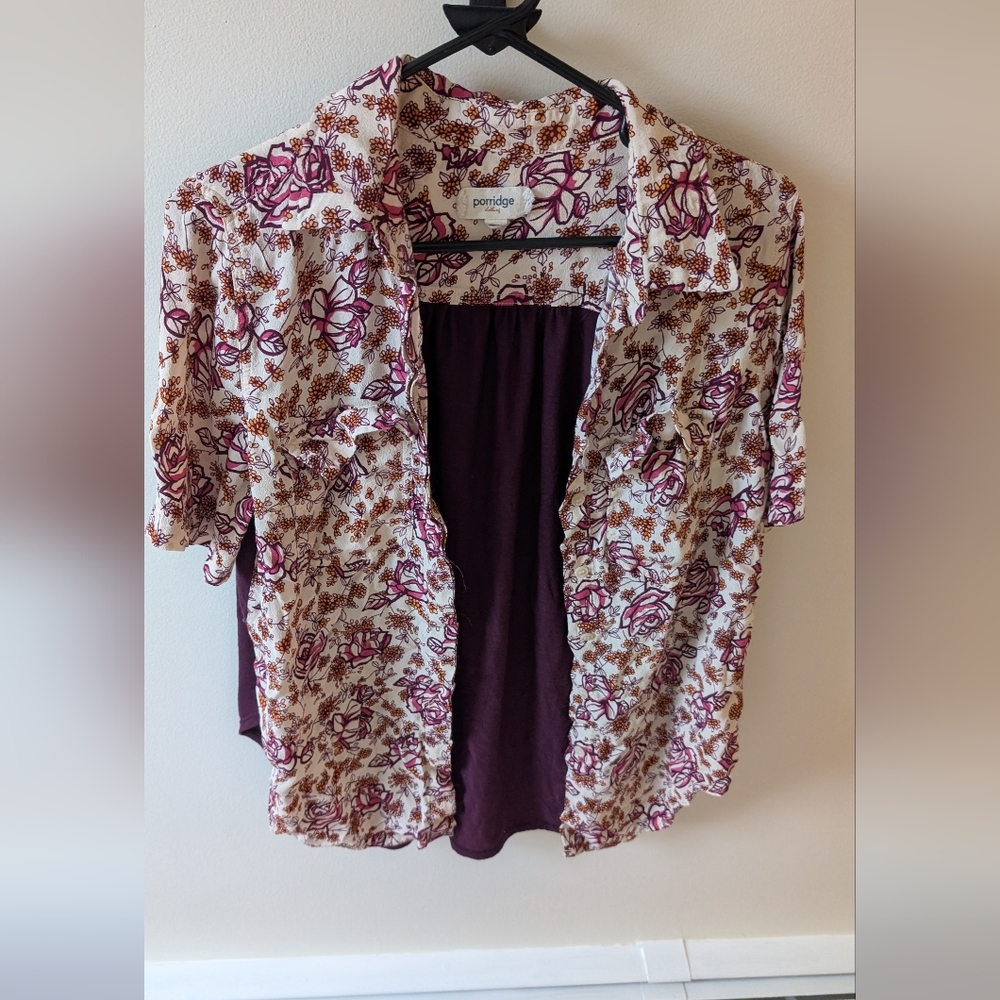 Porridge clothing open purple floral print top size large